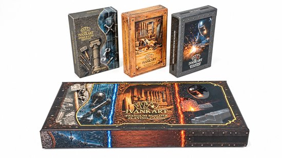 Drie IVANKART speelkaarten-decks en een langwerpige geschenkdoos met 'Premium Builder Playing Cards' opdruk.