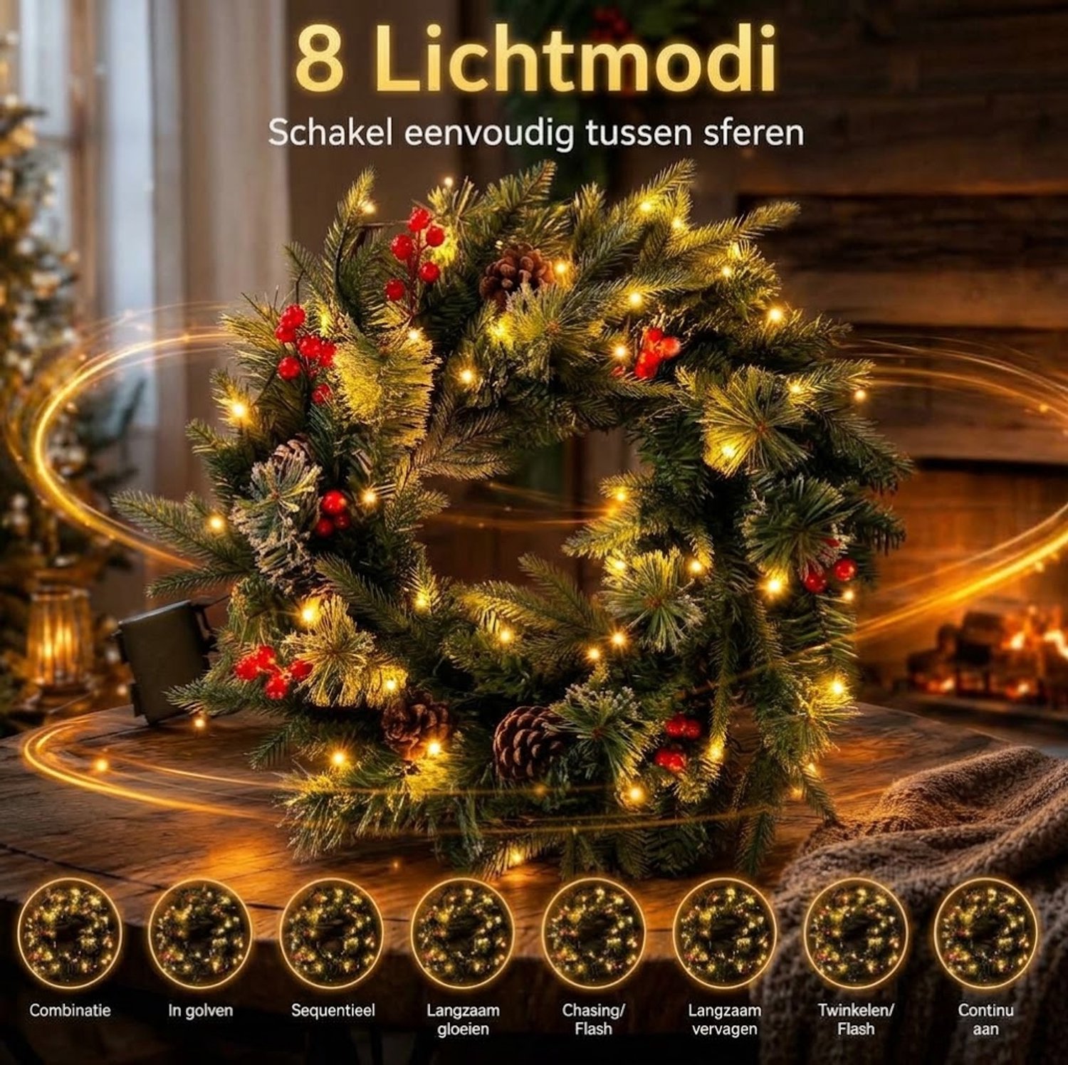 Premium Kerstkrans met Verlichting Ø 40 cm - Luxe Kerstkrans Voordeur met 8 Lichtmodi & timer - Kunst kerstkrans - Kerstdecoratie Deur & Wand – foto 8