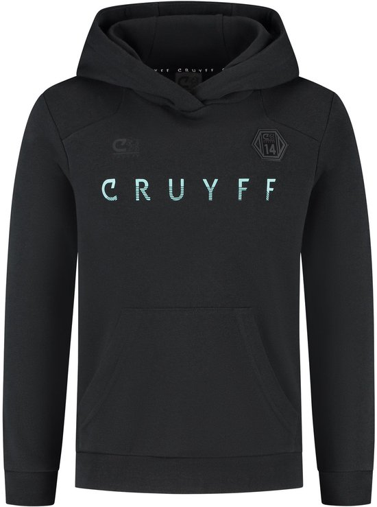 Zwarte Cruyff hoodie met capuchon, mintgroen logo op de borst en zwarte emblemen.