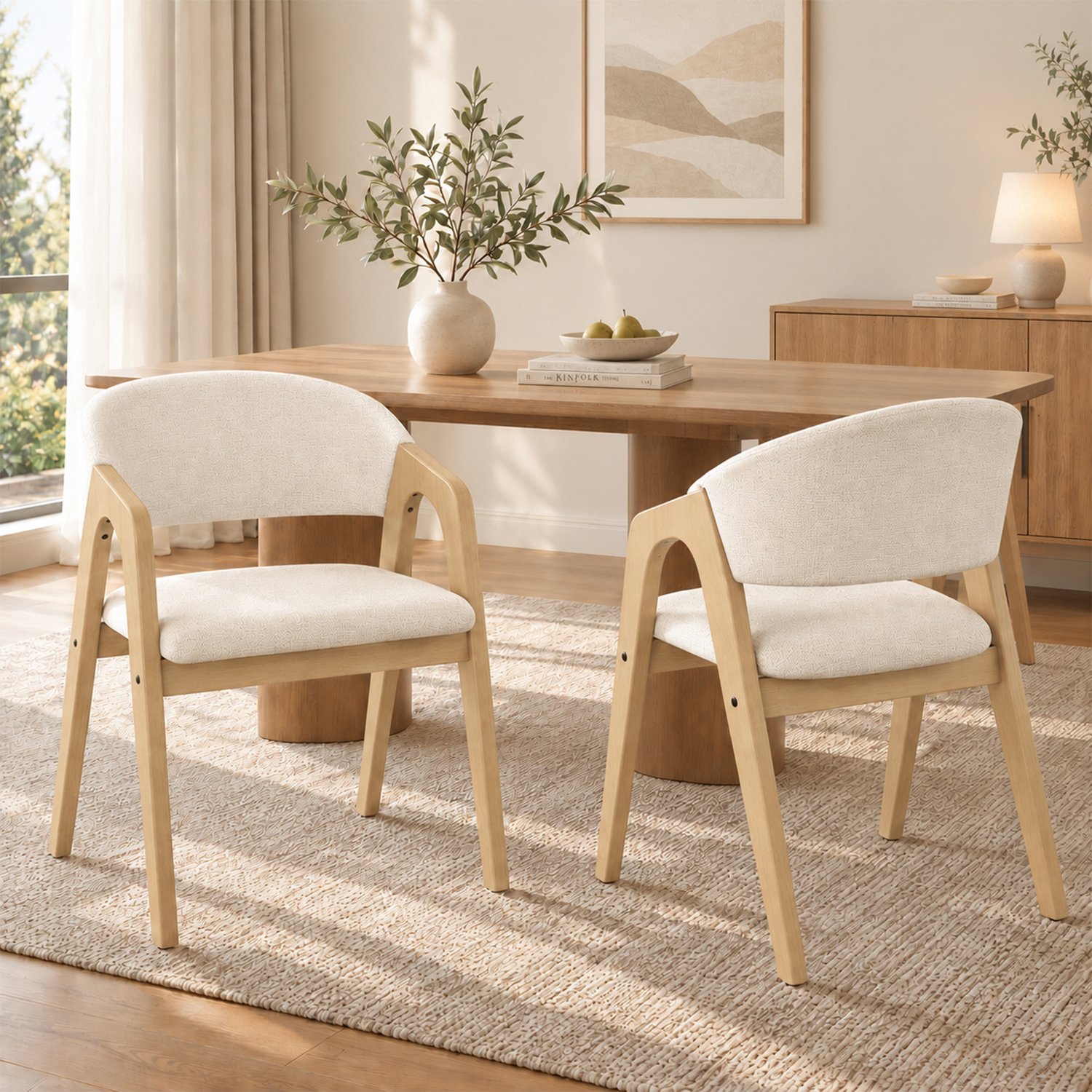 OKWISH Eetkamerstoelen 55,5 x 60 x 83 cm - Set van 2 met Armleuningen - Voor Eetkamer en Woonkamer - Hout en Linnen - Naturel en Beige Naturel houtkleur en beige