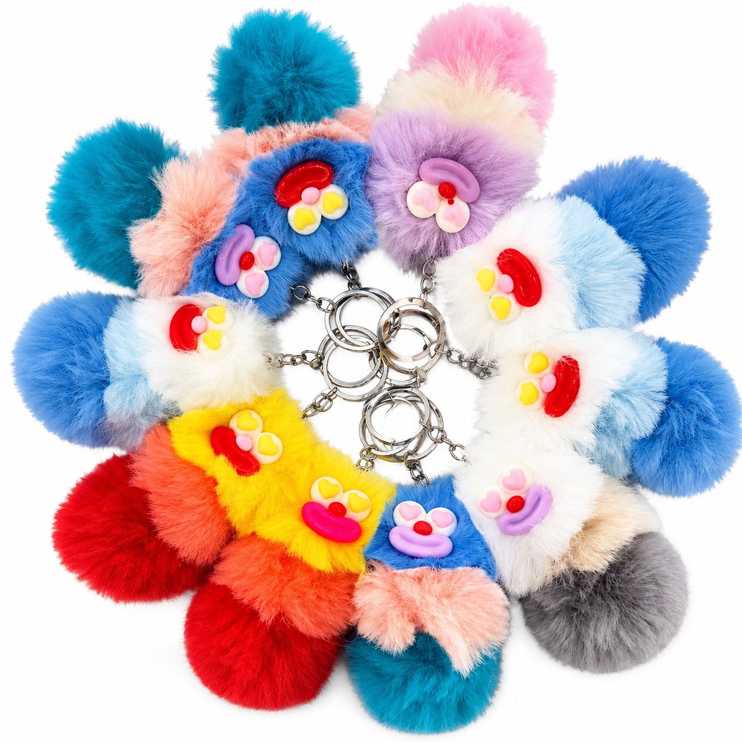 Pluchen sleutelhanger met cartoonmonster en hartjesmond - meerkleurige tashanger met sleutelring en korte ketting, standaardverpakking