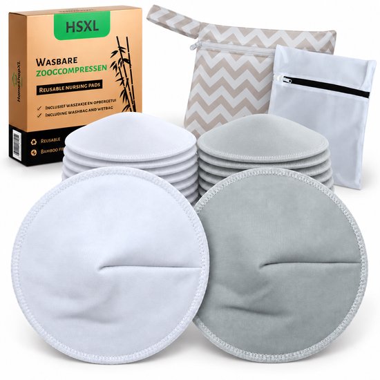 Doos met HomeShopXL zoogcompressen, 16 stuks wit en grijs, beige etui en wit waszakje.