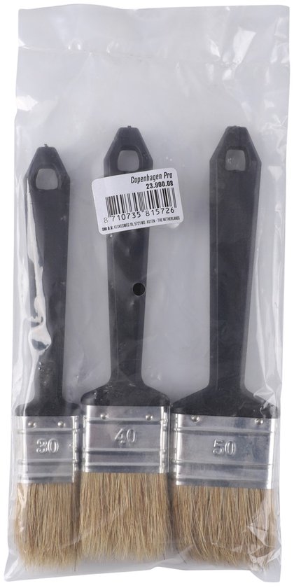Set van drie platte Copenhagen Pro kwasten in plastic verpakking, maten 30, 40 en 50 mm.