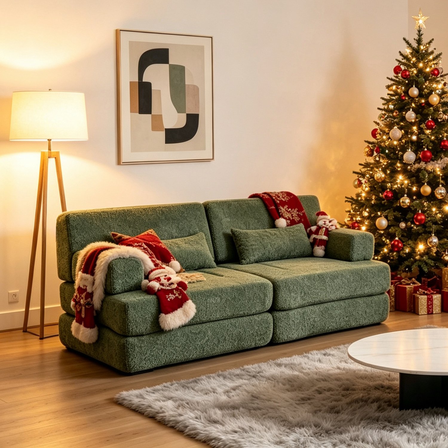 OKWISH Slaapbank 182 x 90 x 80 cm - Modulair en Zonder Gereedschap Om te Vormen - Voor Woonkamer en Logeerkamer - Chenille - Groen
