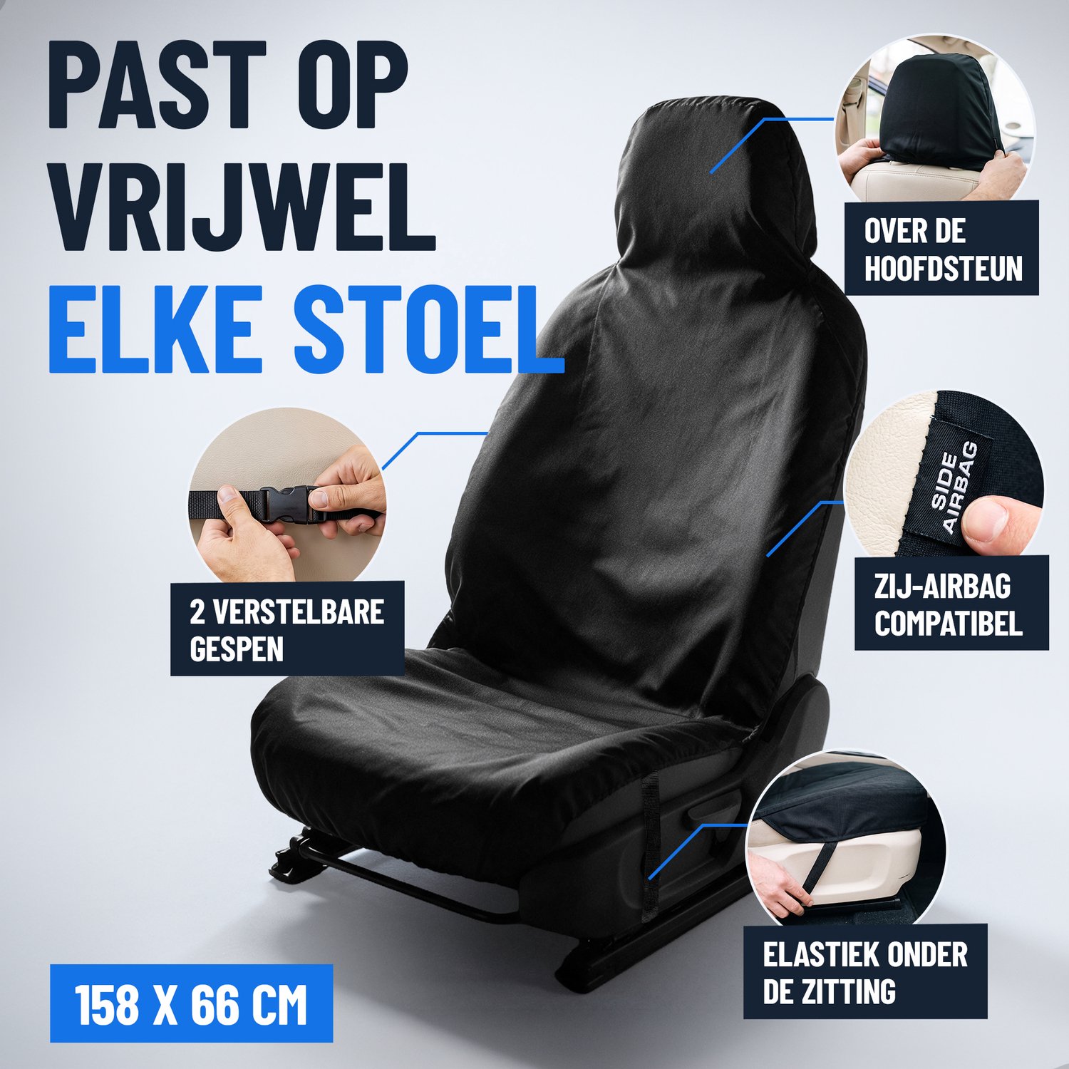 NOVOB® Autostoelhoes - Universeel - Monteurshoes - Beschermhoes - Autostoel Hoes - Machinewasbaar - Met Verstelbare Gespen | Zwart – foto 4