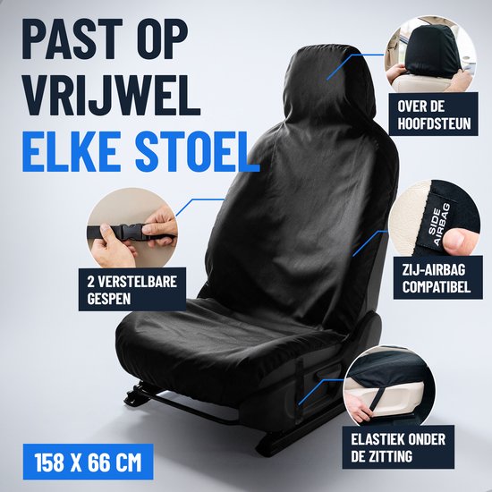 Universele stoelhoes 158x66cm met verstelbare gespen, airbag-compatibel en elastische banden.