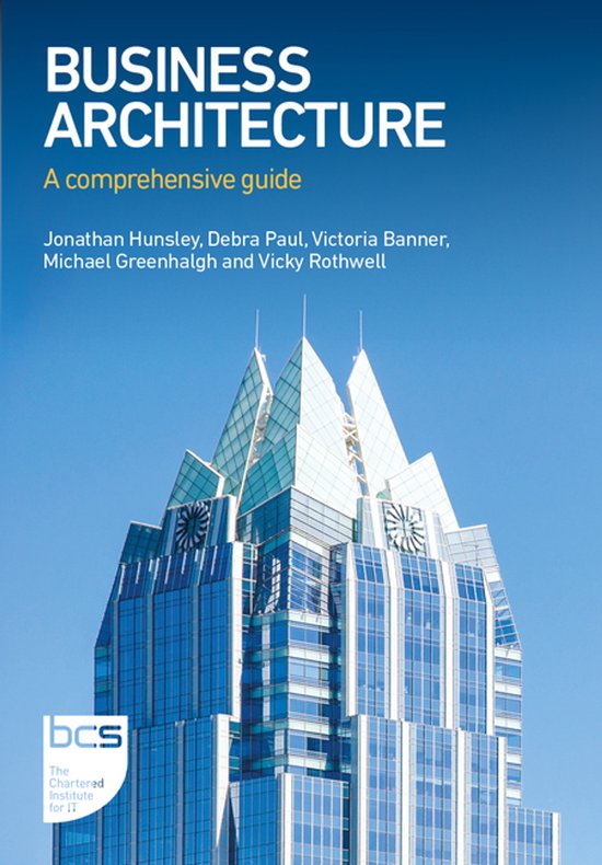 Boekomslag 'Business Architecture: A comprehensive guide' met een glazen wolkenkrabber tegen een blauwe lucht.