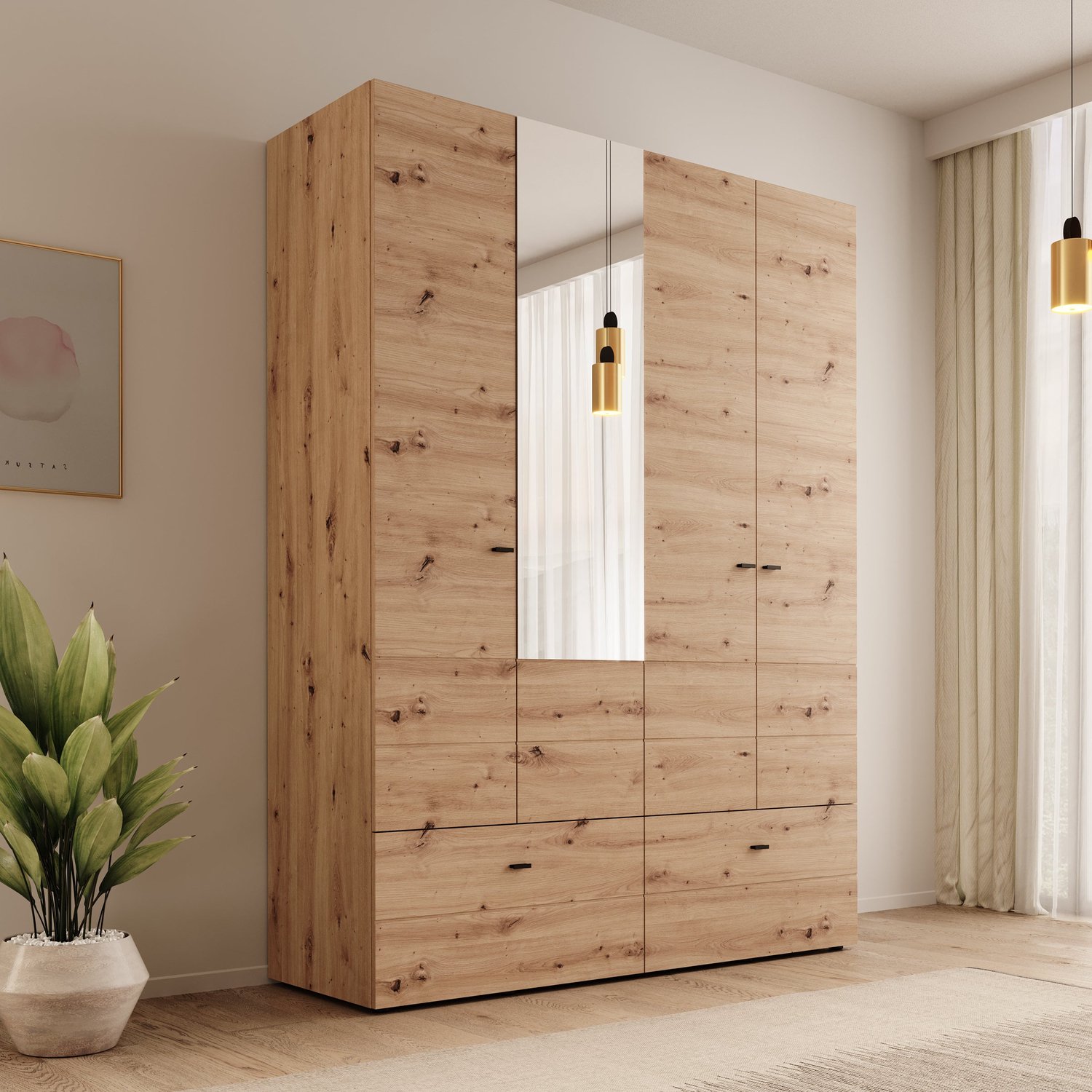 MEUBELLA Nouran - Kledingkast 4-deurs met lades - Eiken 155x52x208 cm Bruin