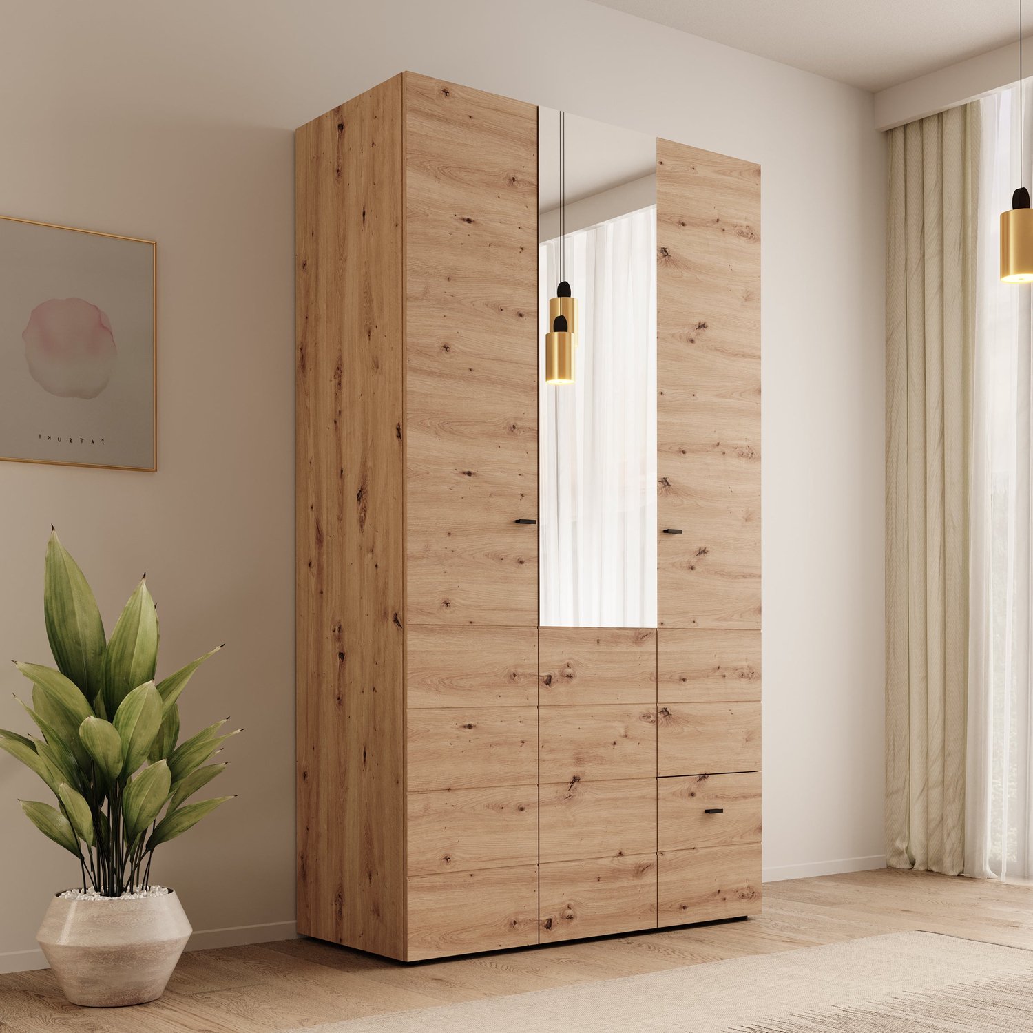 MEUBELLA Nouran - Kledingkast 3-deurs - Eikenpatroon - 117x52x208 cm Bruin