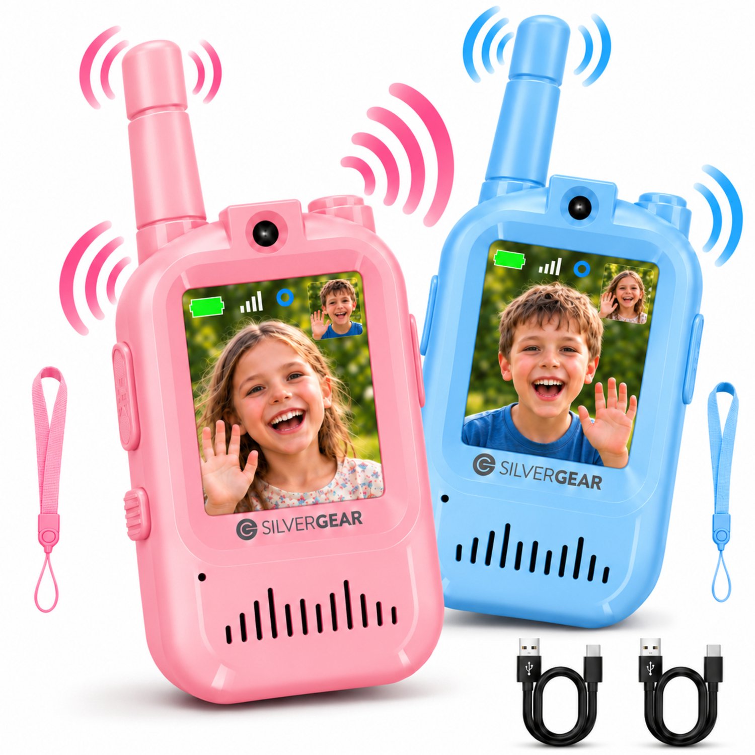Silvergear® Video Walkie Talkie voor Kinderen - Set van 2 met Camera - Met Stemvervormer - Oplaadbaar via USB-C - Live Beeld & Geluid - Tot 200m Bereik - Kinderspeelgoed vanaf 5 Jaar - Blauw Roze
