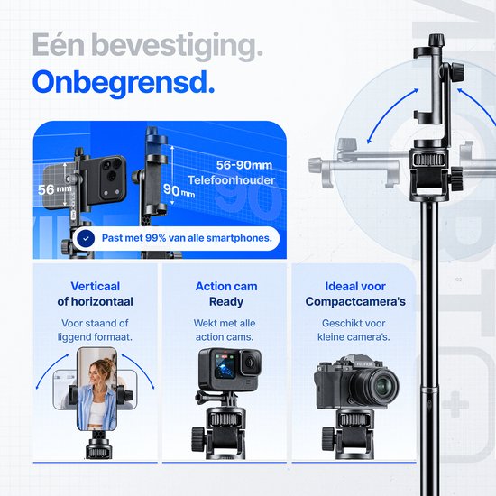 Studio ME statief voor smartphones, actioncams en compactcamera's met instelbare telefoonhouder van 56-90mm.