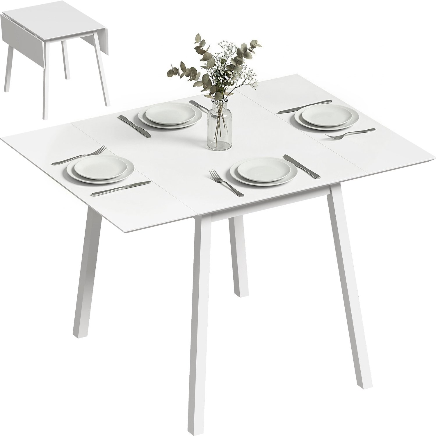 Lunpog Eettafel - Opklapbare - Uitschuifbare eettafel - Keukentafel voor 2-4 personen - Houten eettafel, geschikt voor kleine appartementen - Afmetingen: 110 cm x 86 cm x 75 cm - Wit