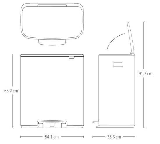 Technische tekening van de prullenbak met afmetingen: breedte 54.1cm, hoogte 65.2cm en diepte 36.3cm. Een open klep toont de hoogte van 91.7cm.