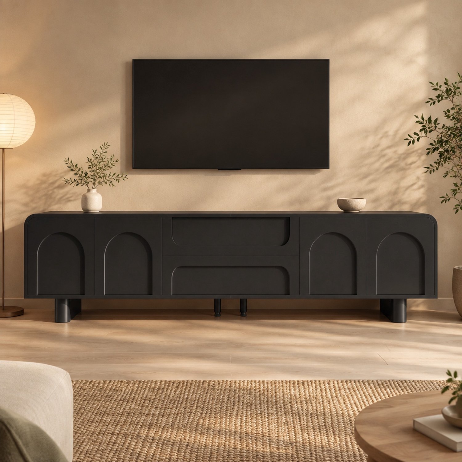 Wishdor TV-meubel - Vier deuren en twee lades - Kabeldoorvoer - Afgeronde hoeken met boogreliëf - Gedempte scharnieren - Woonkamer en slaapkamer - MDF en bewerkt hout - Zwart - 180 x 40 x 46 cm