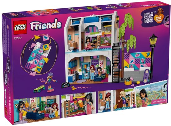 Verpakking van LEGO Friends Liann's Huis 42687 met afbeeldingen van het speelhuis en de inbegrepen personages.