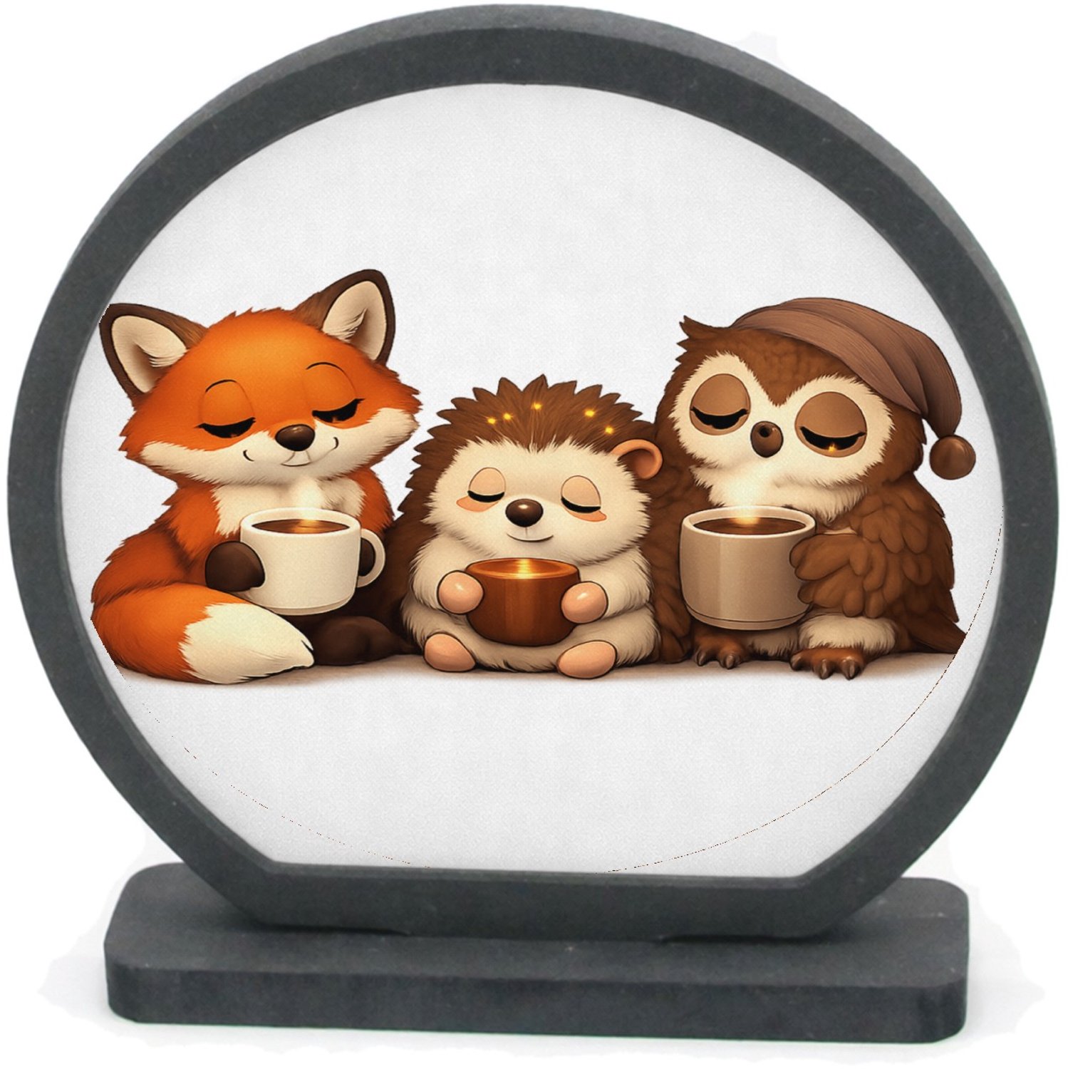 Mr Cadeautjes Houten fotolijst rond met MDF inleg - design Een warme reeks van slaperige bosdieren met een ochtenddrank | cadeau Wit