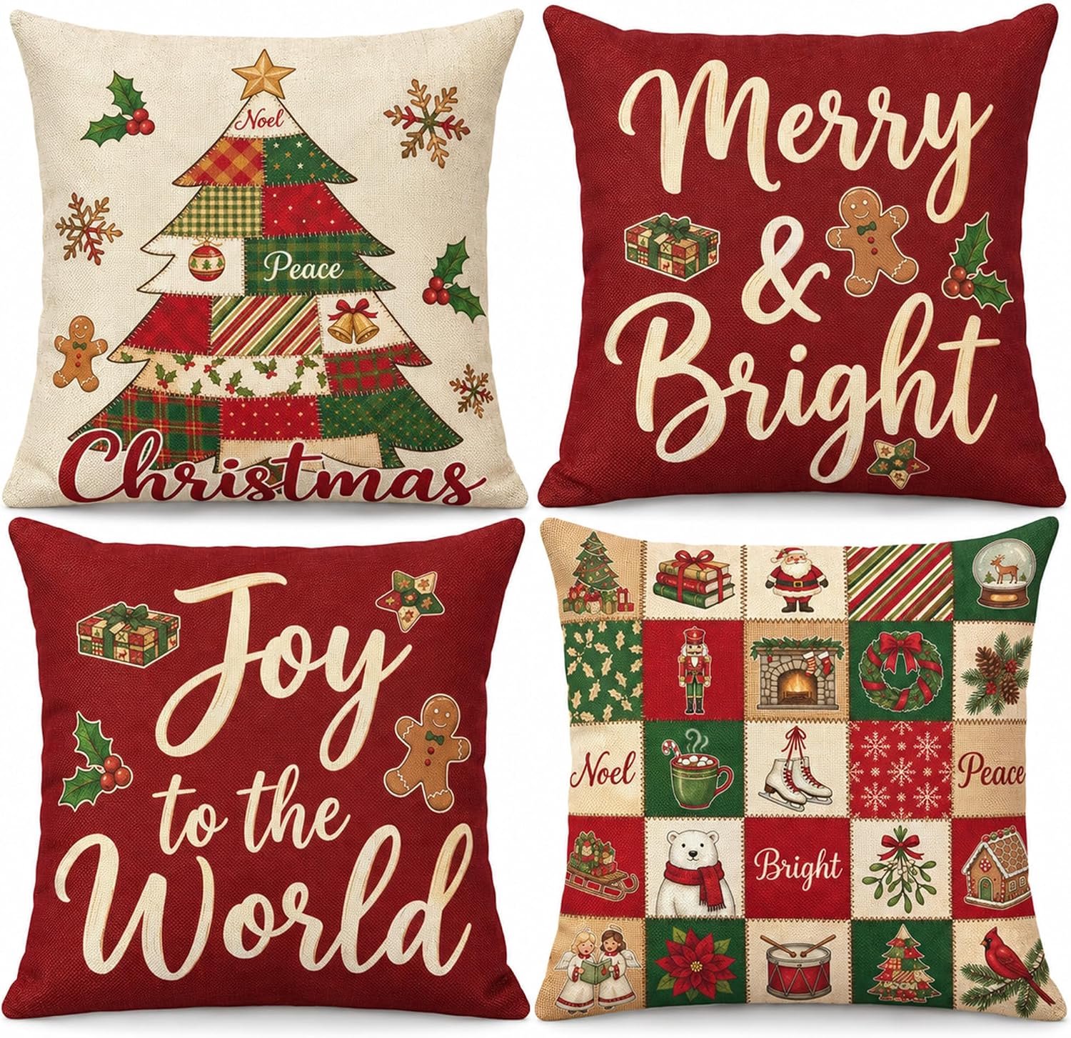 YAGXIG Kerstkussenhoezen - 45 x 45 cm - Vierdelige set - Decoratieve kussenhoezen in landelijke winterse stijl - Zachte kussenhoezen - Geschikt voor banken, slaapkamers, fauteuils en balkons rood