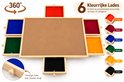 Puzzelbord met 6 lades in oranje, rood, blauw, groen, geel en zwart, elk met een houten knop.