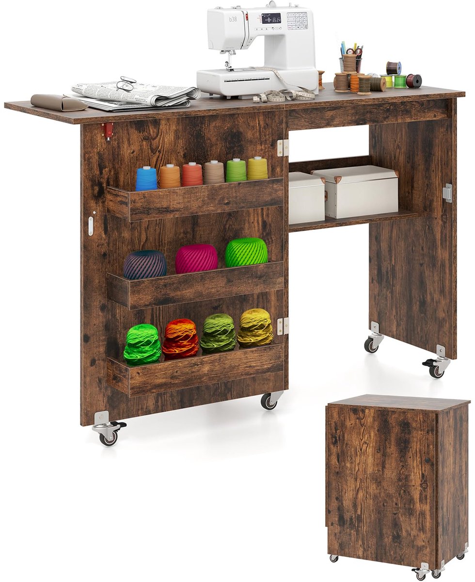 Costway 2-in-1 naaitafel inklapbaar, naaimachinekast van hout met planken en opbergvak, naaikast met afsluitbare wielen, naaimachinetafel, knutseltafel voor woonkamer, slaapkamer (bruin)
