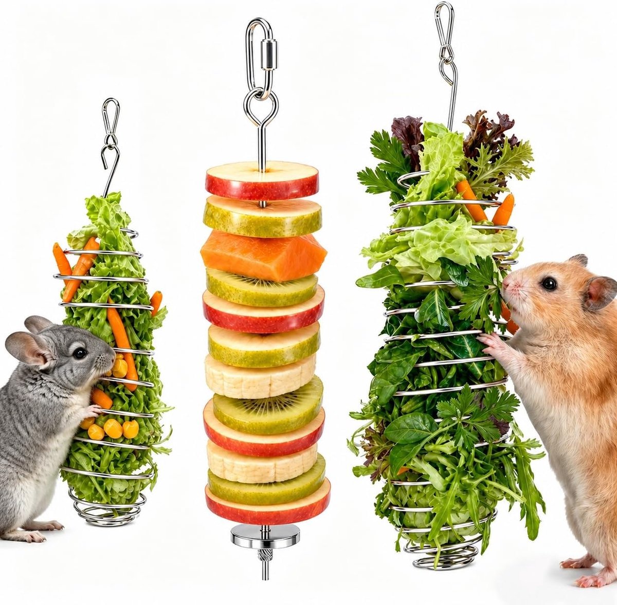 3 stuks voederdispenser voor kleine dieren, roestvrijstalen fruitspies en groentehouder om op te hangen, hamsterspeelgoedaccessoires, bezigheid voor cavia's, dwergkonijnen, chinchilla, ratten