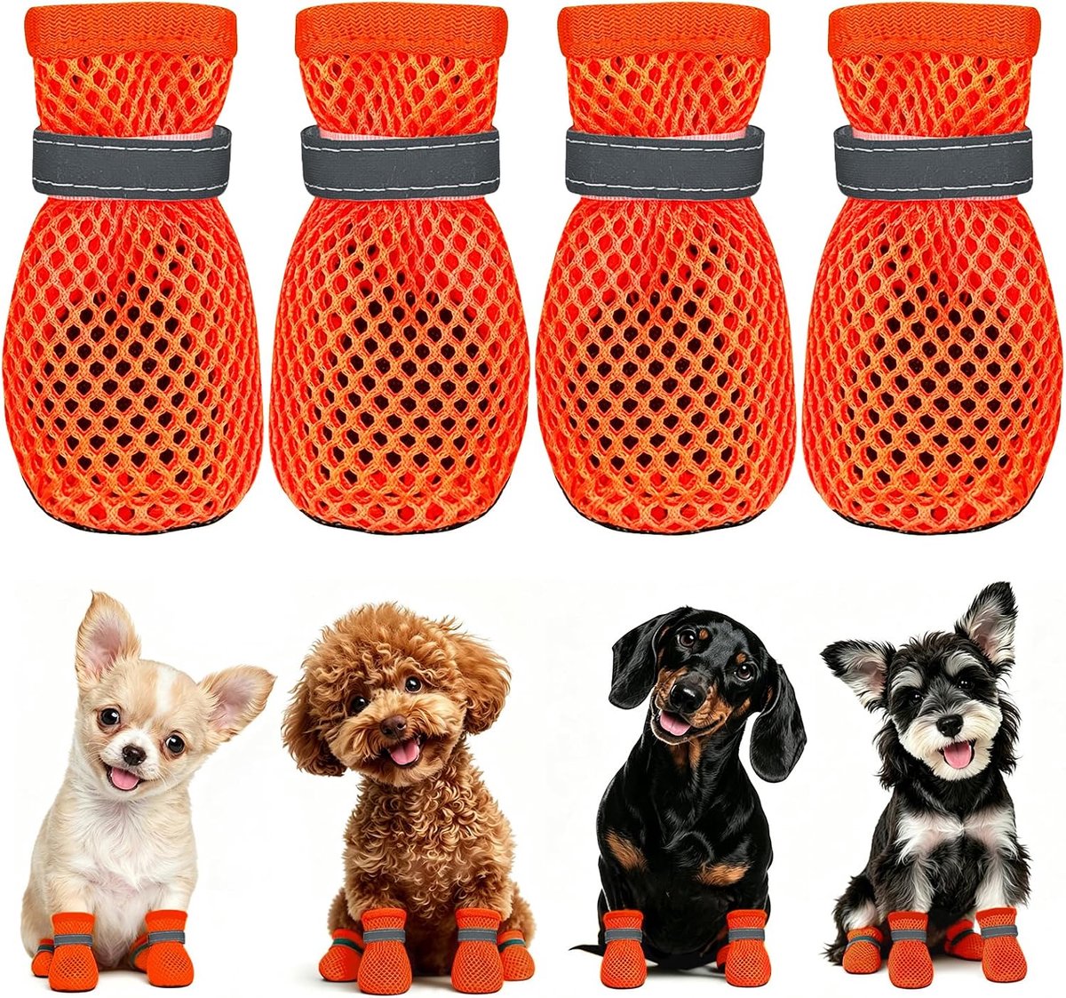 Schoenen, zomer, kleine honden, 4 stuks, mesh schoenen voor honden, licht, ademend, antislip, hondenschoenen, outdoor, voor warme wegen, beschermt de hondenpoten (oranje, XL)