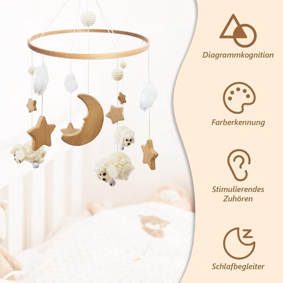 Schaap Babybed Mobiel - Windspel Met Wolken, Maan, Ster - Beige Boho Bedbel - Babyspeelgoed Voor Meisjes of Jongens — afbeelding 4