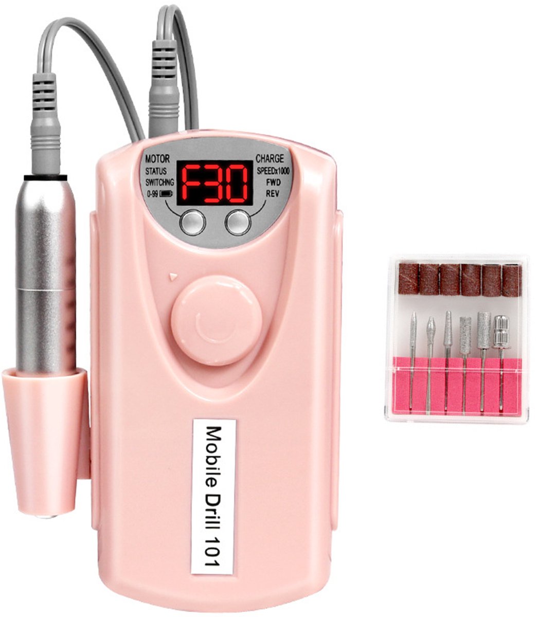 Draadloze nagelfrees met 2200 mAh accu, 30000 toeren/min, 6 opzetstukken – voor manicure en pedicure thuis