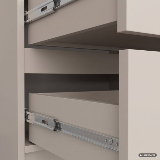 Gedetailleerde close-up van de metalen ladegeleiders en de beige ladekast.