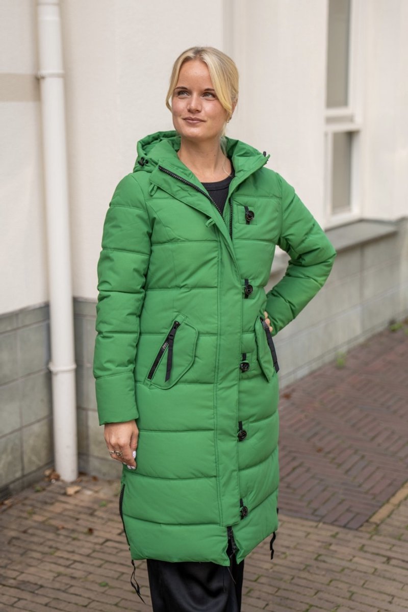 Lange Felgroene Winterjas Dames - Gewatteerd en Getailleerd - Maat 46