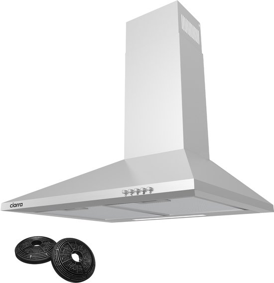 RVS afzuigkap met 3 snelheden en LED-verlichting, inclusief twee koolstoffilters.