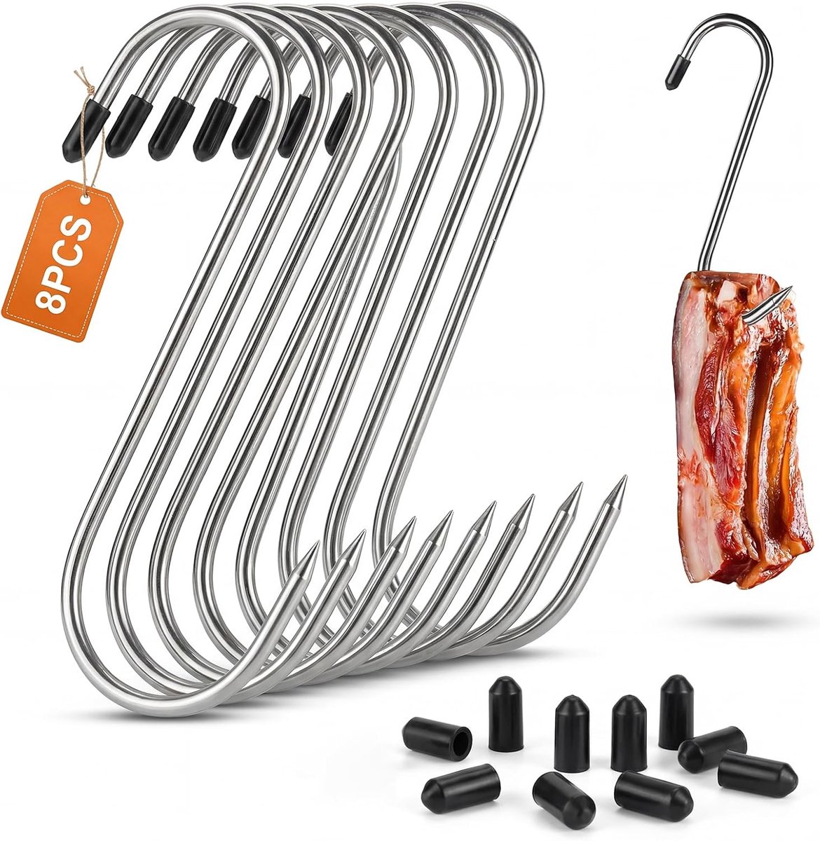 Vleeshaken 8 stuks - 5mm dik - roestvrij staal - ideaal voor BBQ en roken - ShopVlot