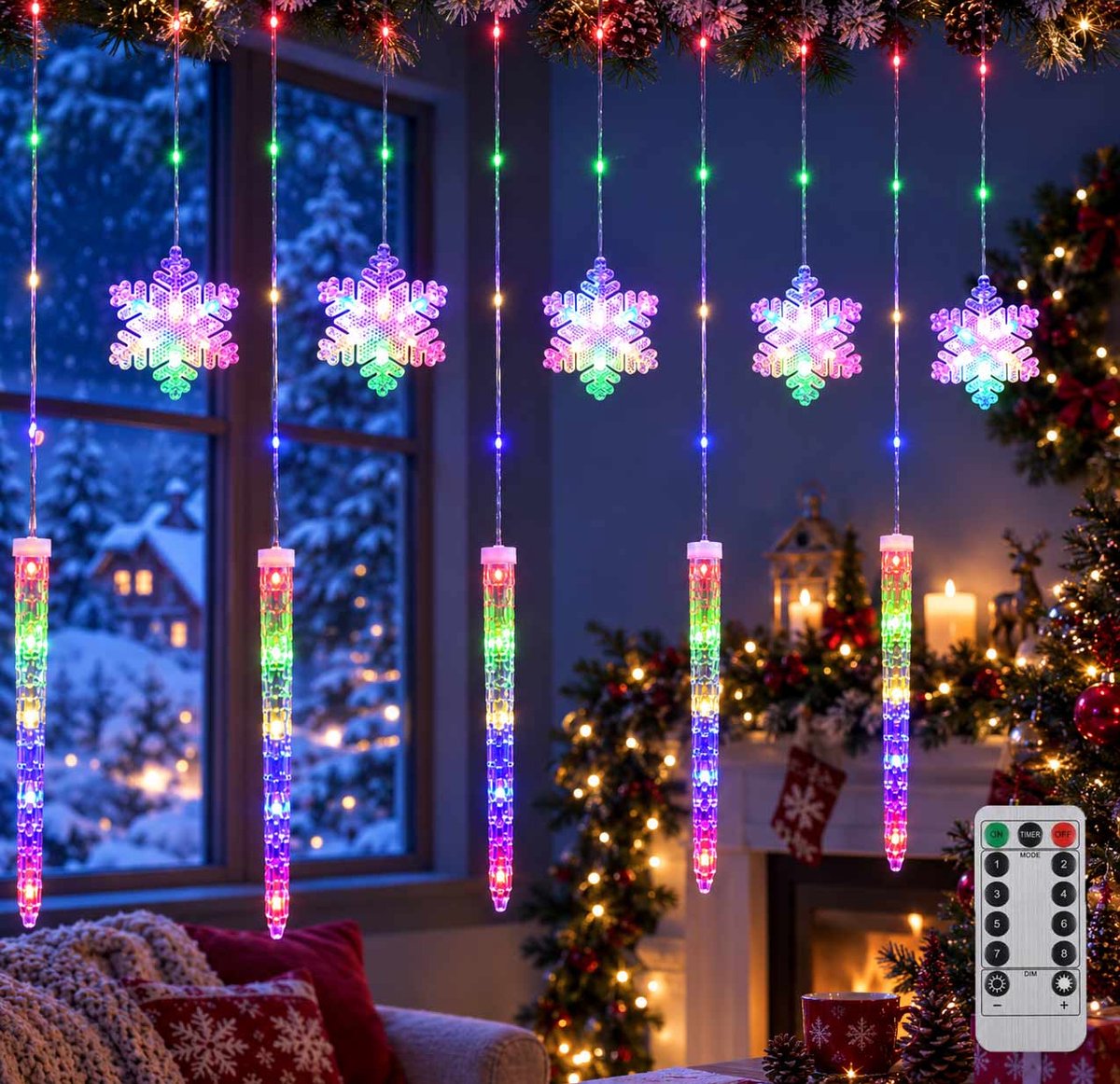 Meedeer Kerst Raamverlichting-Kerstverlichting Ijspegel-3m x 0,8m LED String-binnen-hangende lichtjes-USB-8 verlichtingsmodi-Voor Indoor Party Bruiloft Slaapkamer (Kleurrijke)