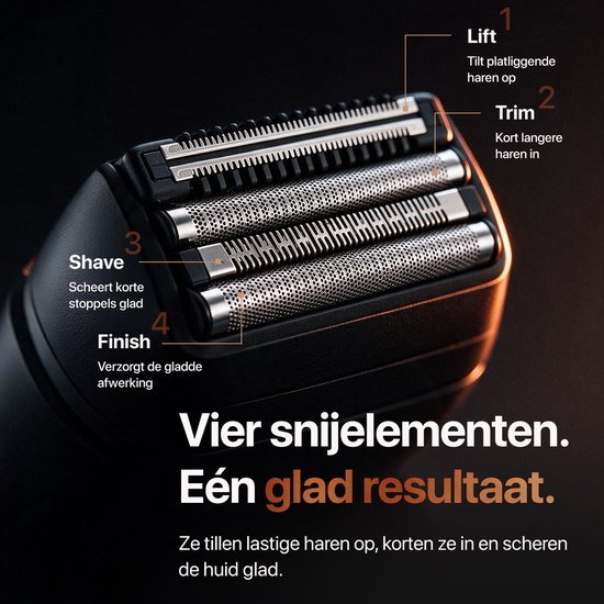 Gedetailleerde close-up van de vier snij-elementen van het Viking Mini scheerapparaat: Lift, Trim, Shave en Finish.
