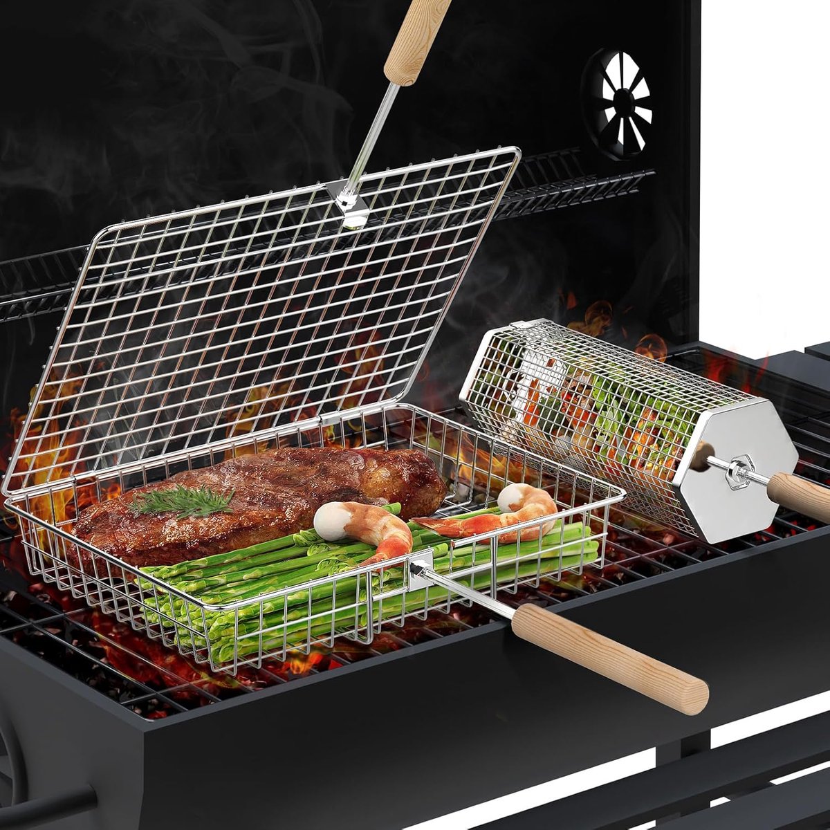SnelShoppen - Grill Basket Set Rectangular + Octagonal, Afneembare Houten Handgreep, 304 RVS, Rollende Grillmanden, Groenteaccessoires, Garnalen, Buit