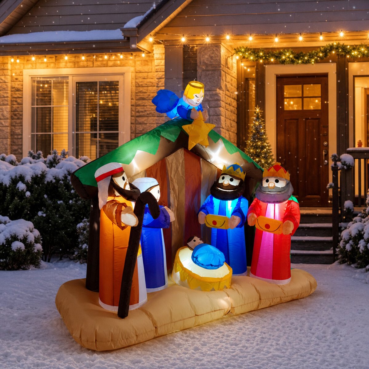 Opblaasbare kerststal - kerstgroep met engel en wijzen - 155 cm hoog - met witte LED-verlichting - kerstdecoratie voor buiten - incl. bevestigingsset
