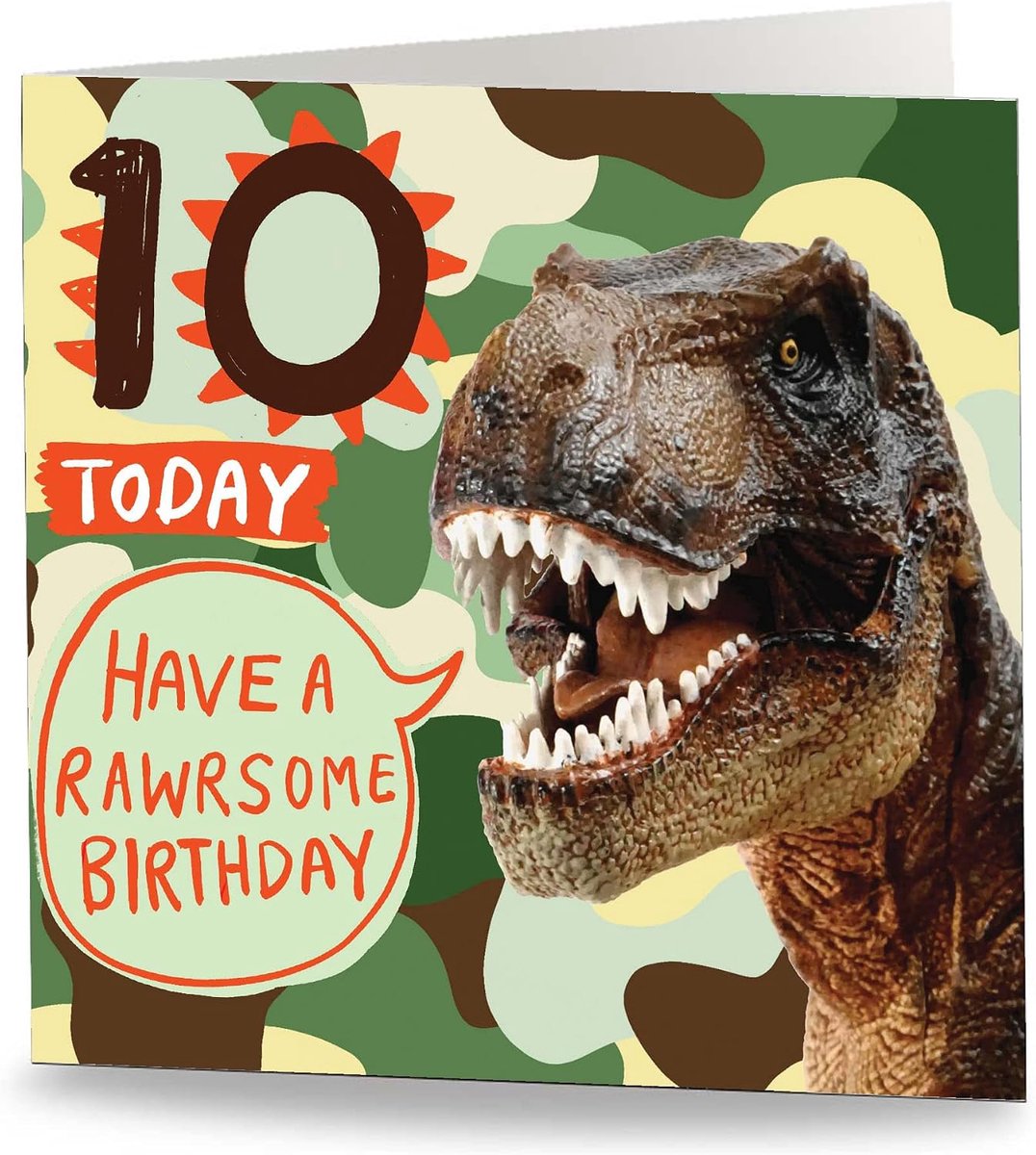 Maturi 10 Today - Rawrsome Green Camo Cards Birthday Greeting Card - blank inside - ShopVlot