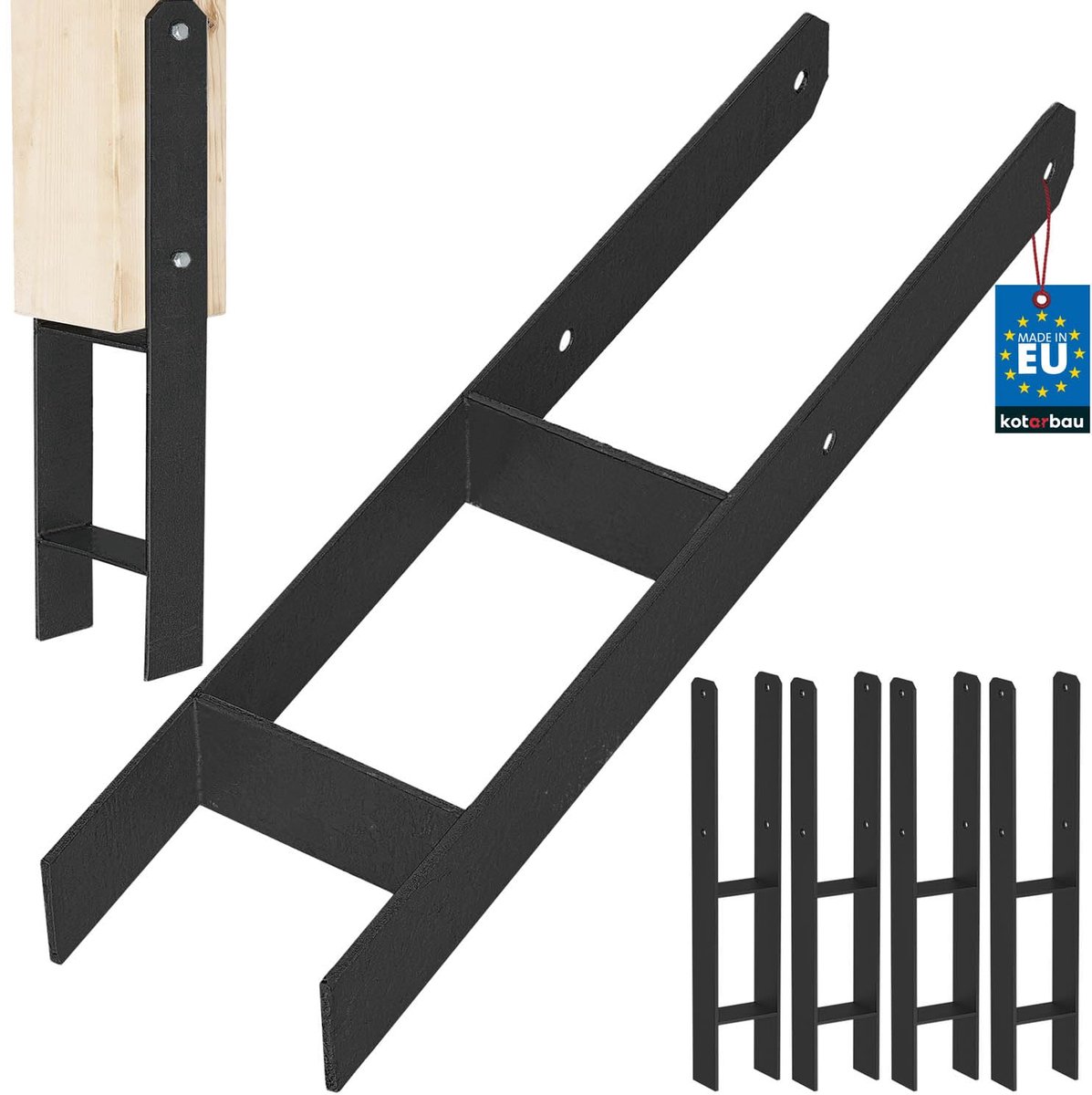 KOTARBAU® H Instortanker - Paalhouder in Beton Storten 120 x 600 mm 4 Stuks - Betonanker voor Houten Palen - Paaldrager Beton - Kolomvoet Beton - Gepoedercoat Staal