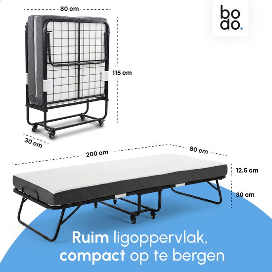 Uitgevouwen bed met een matras van 200x80 cm, compact opgevouwen bed met wieltjes.