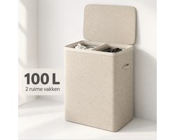 MAZAZU Wasmand 2 Vakken 100L – Deksel & Wassorteerder met Uitneembare Zakken - Beige