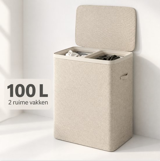 Linnen wasmand met deksel, 100 liter inhoud en twee vakken. Beige textiel met beige handvatten en deksel.