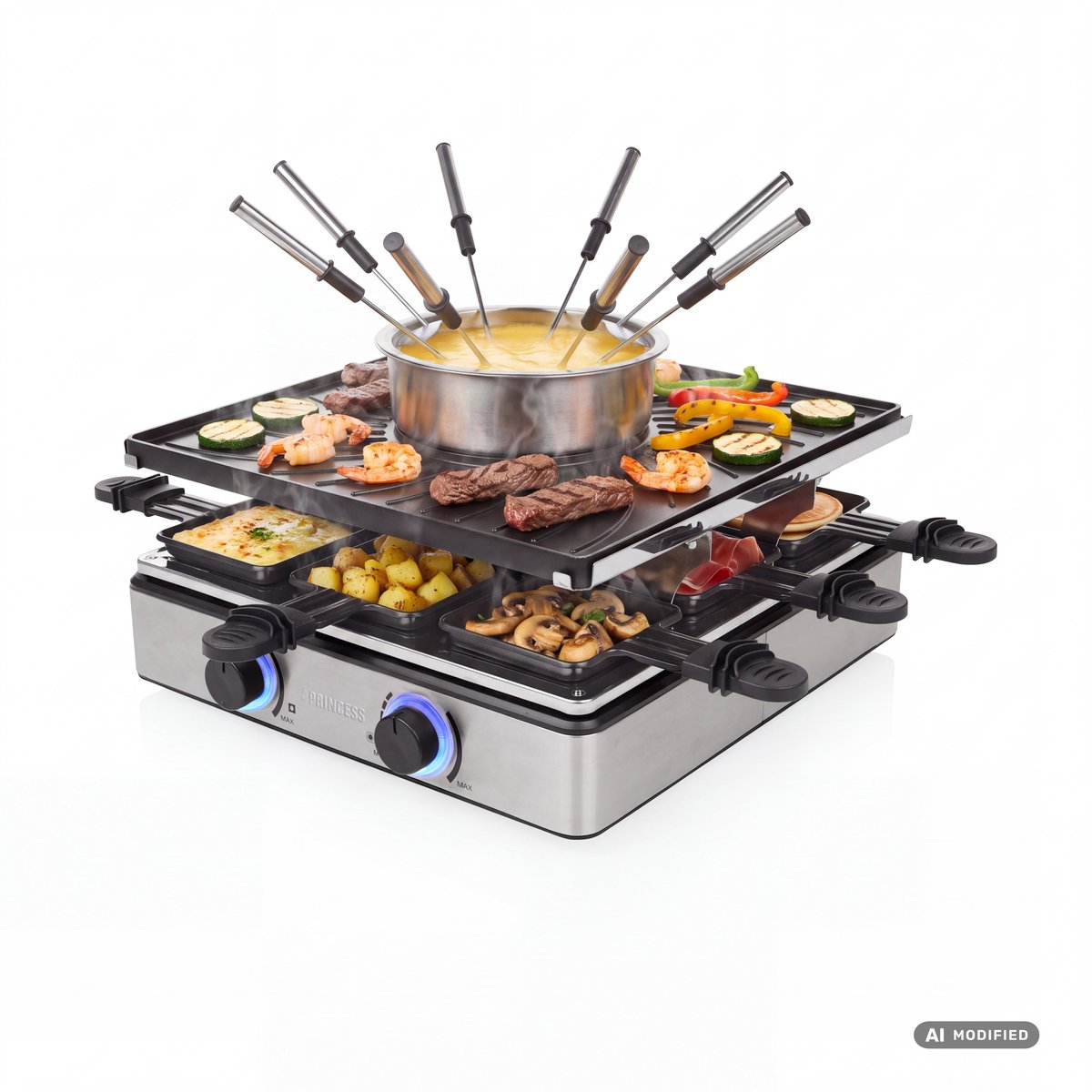 Princess Gourmetstel - Raclette en Fondue 31x31cm - 162670 - 1800W - 8 Personen - Incl vorkjes en spatels - 5-in-1 Functionaliteit - PFAS vrij - Grillen, bakken, funcook