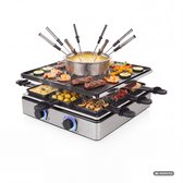 Princess gourmetstel met raclette- en fonduefunctie. Met grillplaat, bakplaten, pannetjes en 8 vorkjes. Voorzien van vlees, garnalen, aardappelen, groenten en champignons.
