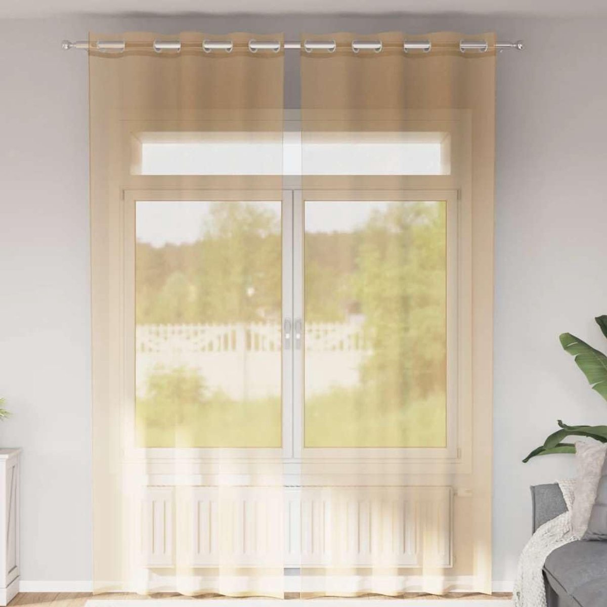 Gordijnen met ogen, 2 stuks, zandkleur, 100% polyester, semi-transparant voor lichtbescherming en privacy, met 8 ogen voor eenvoudige montage, wasbaar en duurzaam, ideaal