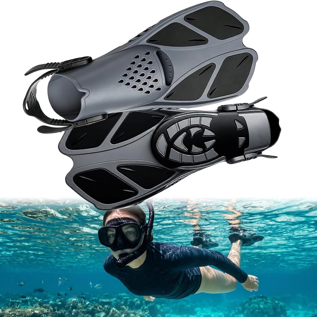 Zwemvinnen, kort, voor volwassenen en kinderen, reismaat, snorkelvinnen & duikvinnen, compact en comfortabel met open hiel