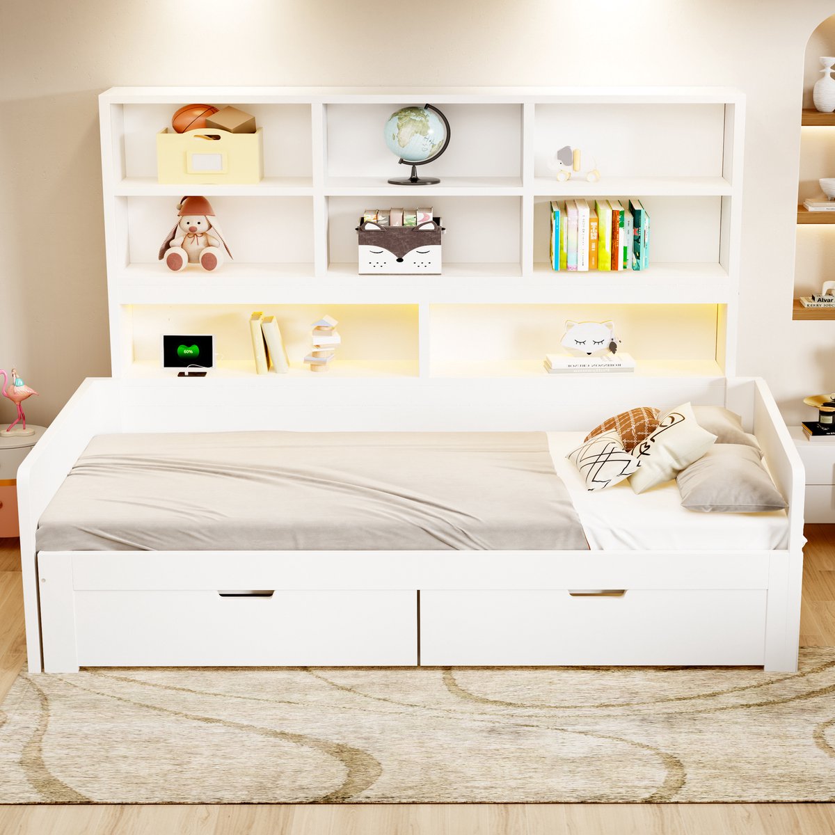 VVBV Slaapbank 2 Persoons 180x200 – Bedbank van MDF met Opbergruimte, Lades, Opbergvakken, Opberghoofdbord, LED-Verlichting en Stopcontact – Wit