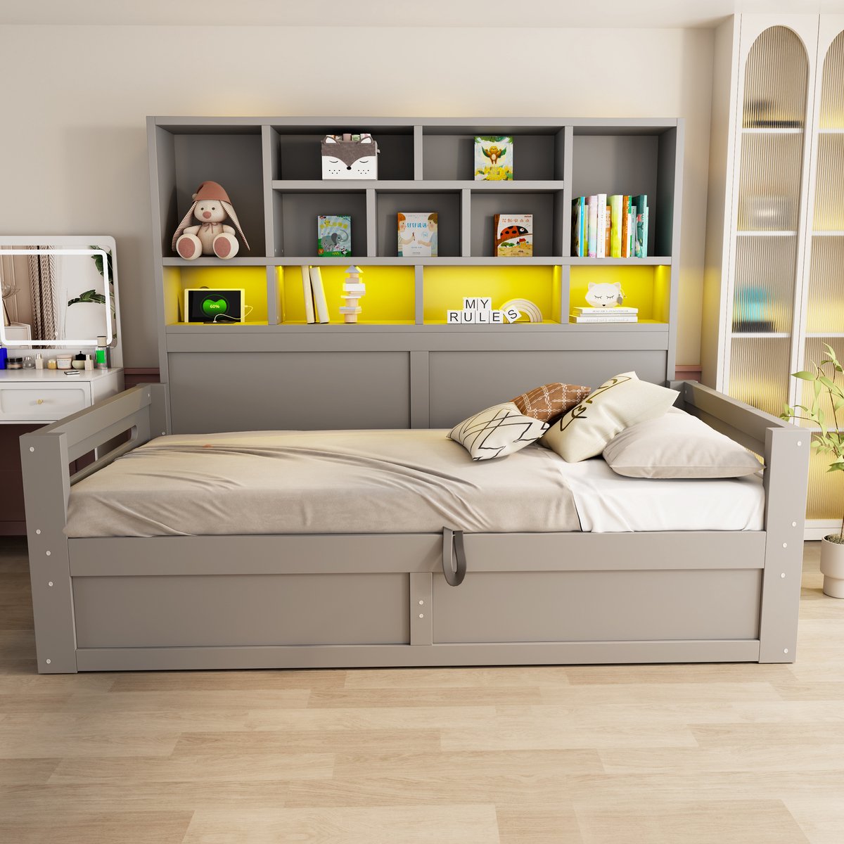VVBV Slaapbank 1 Persoons 90x200 – Bedbank van MDF met Hydraulische Opbergruimte, Lades, Opbergvakken, Opberghoofdbord en LED-Verlichting – Grijs