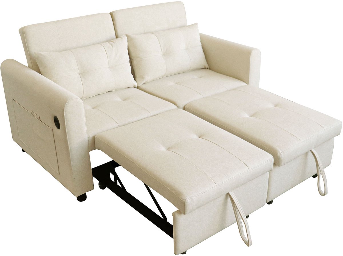 MEUBLE COSY 3-in-1 Slaapbank - 2-Zits Katoen Linnen Met USB En Kussens - Beige
