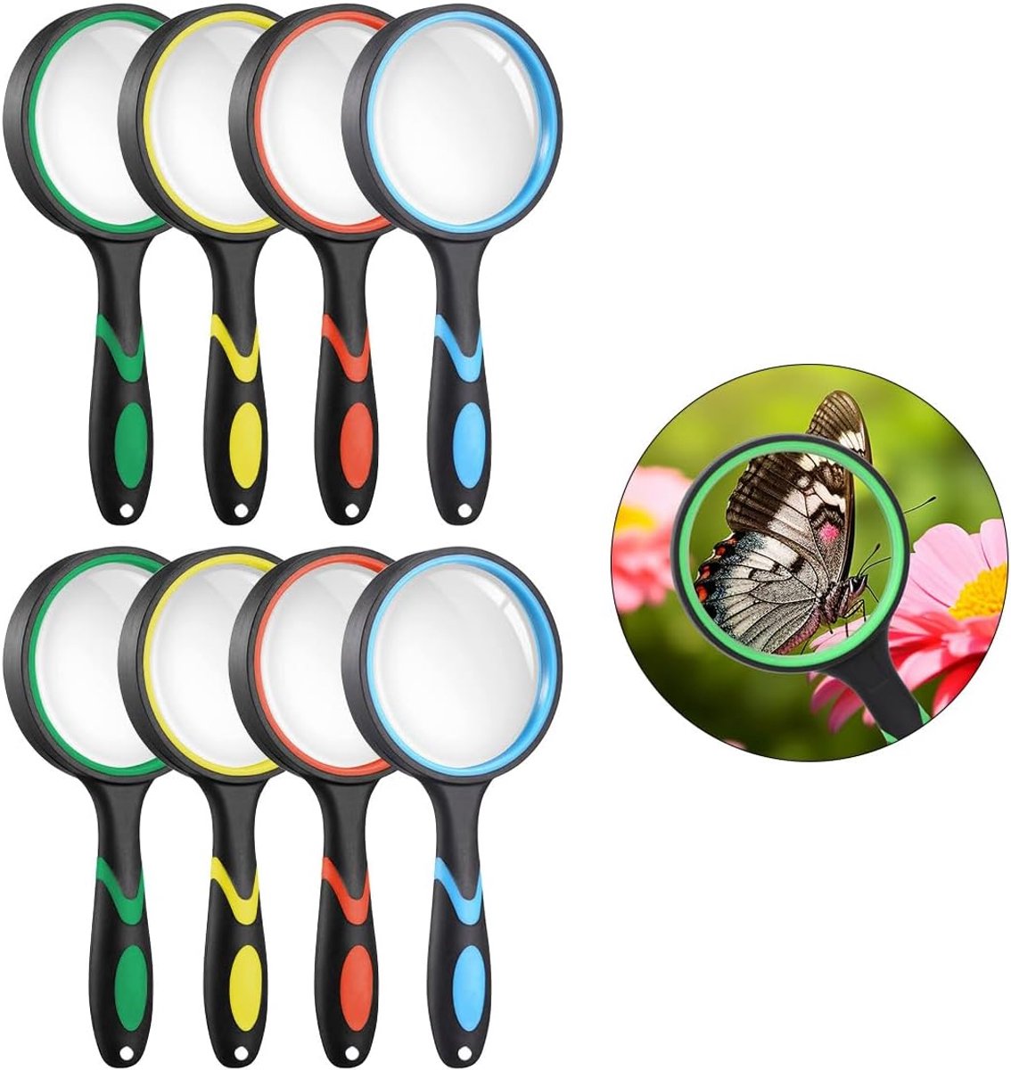 8 stuks vergrootglas voor kinderen, 10 x, TIE-DailyNec 75 mm, leesloep, handheld, helderheid magisch glas met koord, leeshulp voor het lezen van boeken, insecten, hobbyobservatie
