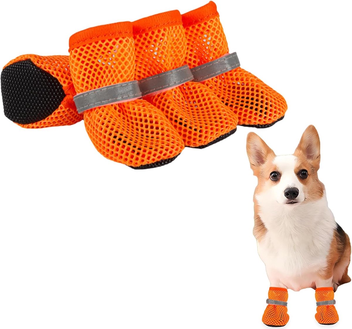 Schoenen met mesh, 4 stuks, ademende pootbescherming, hondenschoenen, antislip, hondenschoenen voor warme zomervloeren, zomer, verstelbare hondenlaarzen voor kleine honden (oranje, S)