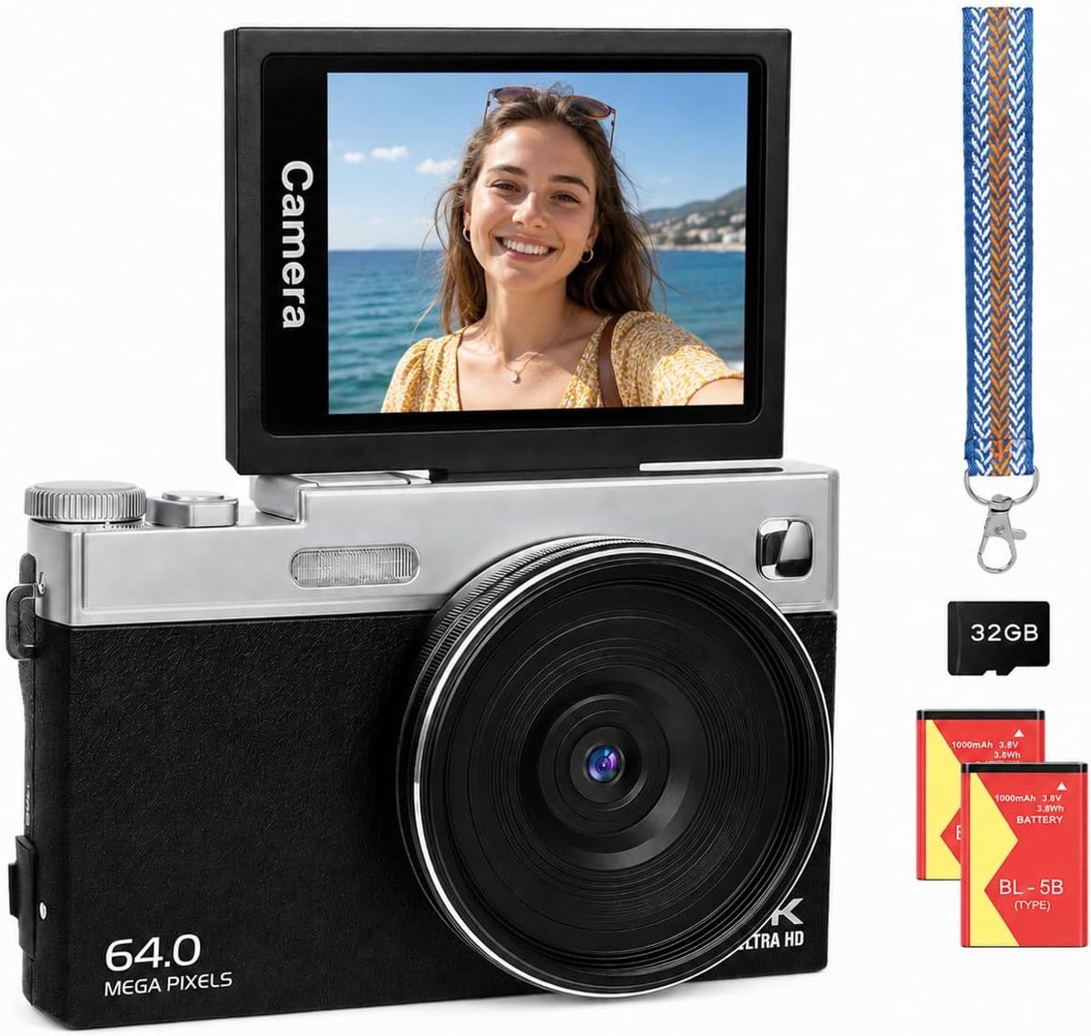 Camera 4K - 64MP camera fotocamera 16x autofocus digitale zoom digitale camera voor vlog 2,88 inch 180° inklapbaar lcd-scherm fototoestel 2 batterijen 32GB kaart geschenken voor beginners